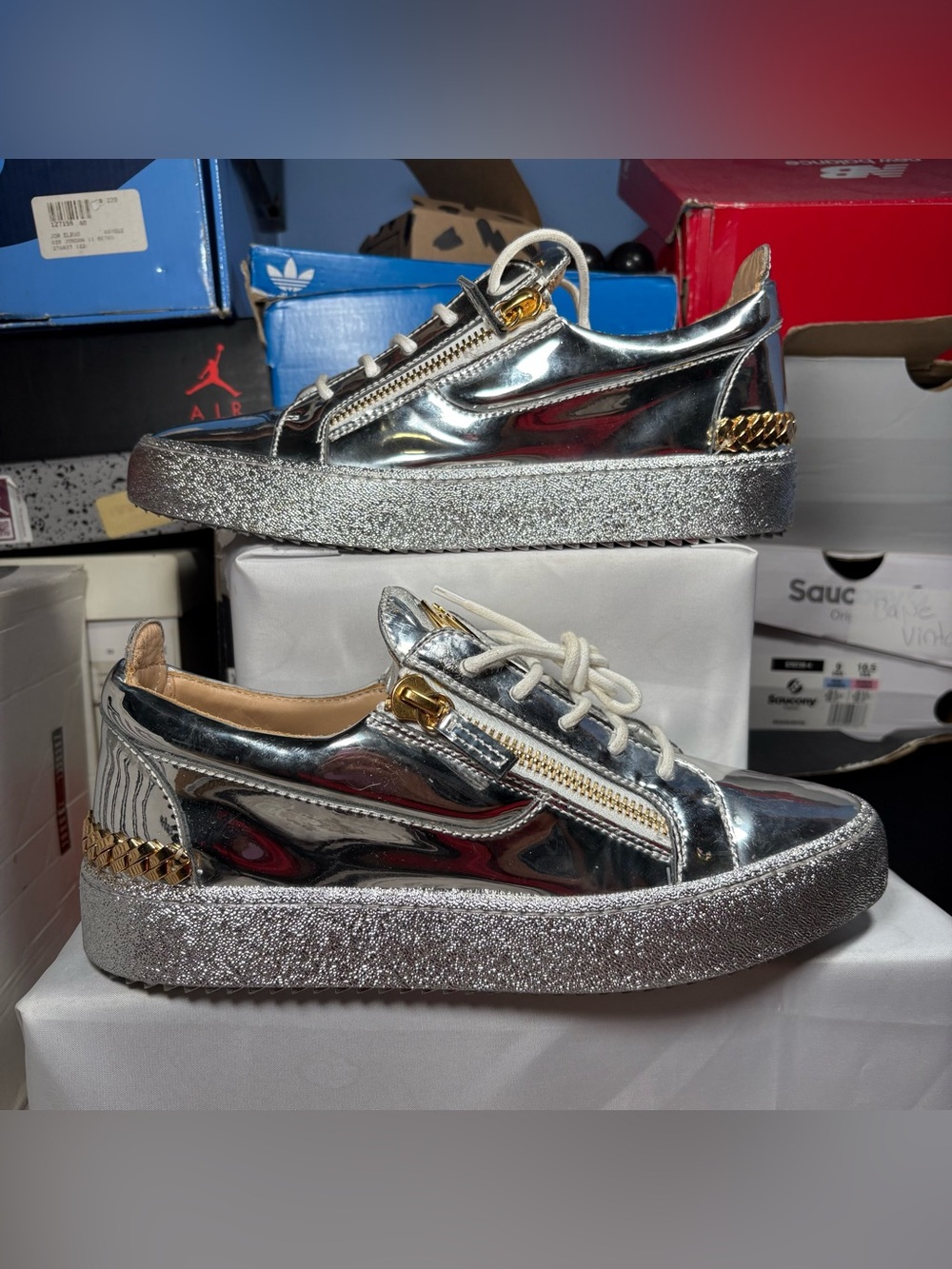 Size 42 - Giuseppe Zanotti Frankie Metallic Silver Leather Side Zip Low-Top